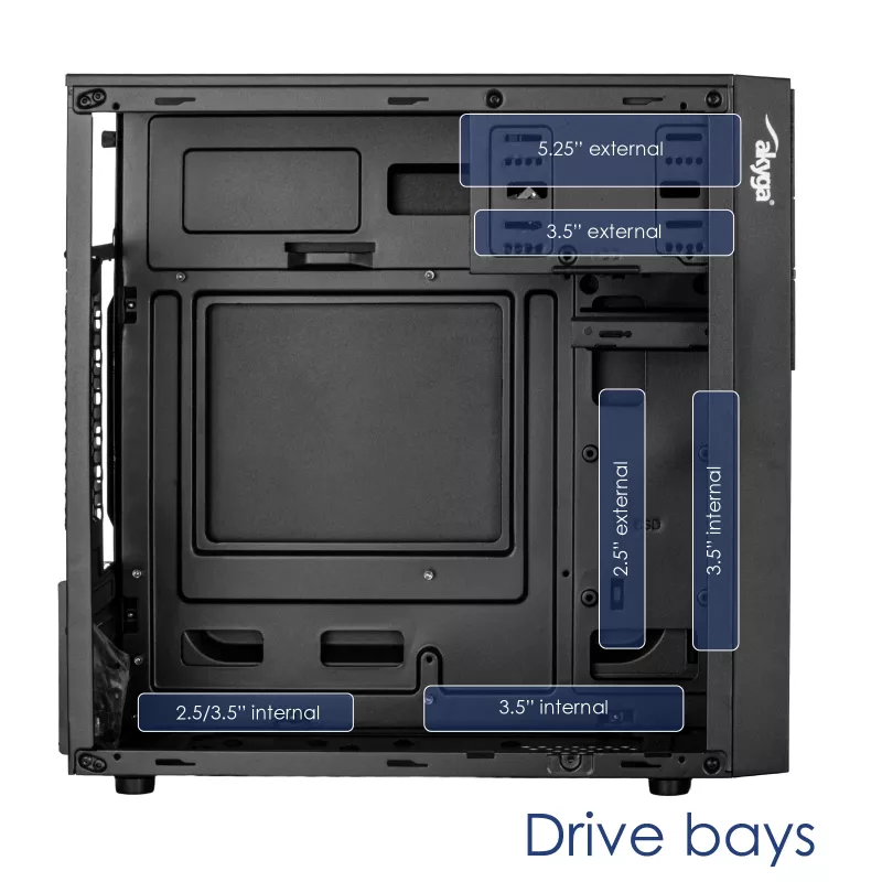 Akyga AK19BK Micro Tower -tietokonekotelo, Micro-ATX / Mini-ITX, USB-C + USB 3.0 + 2x USB 2.0, ilman virtalähdettä, musta