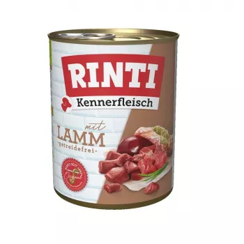 Märkäruoka koirille RINTI Lamb Adult 800 g — täysravinto, 77 % kosteutta, 11 % proteiinia, viljaton ja soijaton