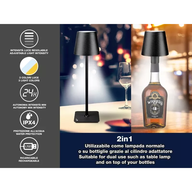 Beper P201UTP118 ladattava LED-pöytävalaisin, 1,5 W, kosketuskytkin, himmennettävä, 33 mm:n pullosovitin, vedenkestävä, musta