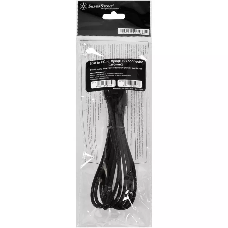 SilverStone SST-PP07-PCIB jatkokaapeli PCIe 8-pin – PCIe 6+2-pin, 25 cm, musta