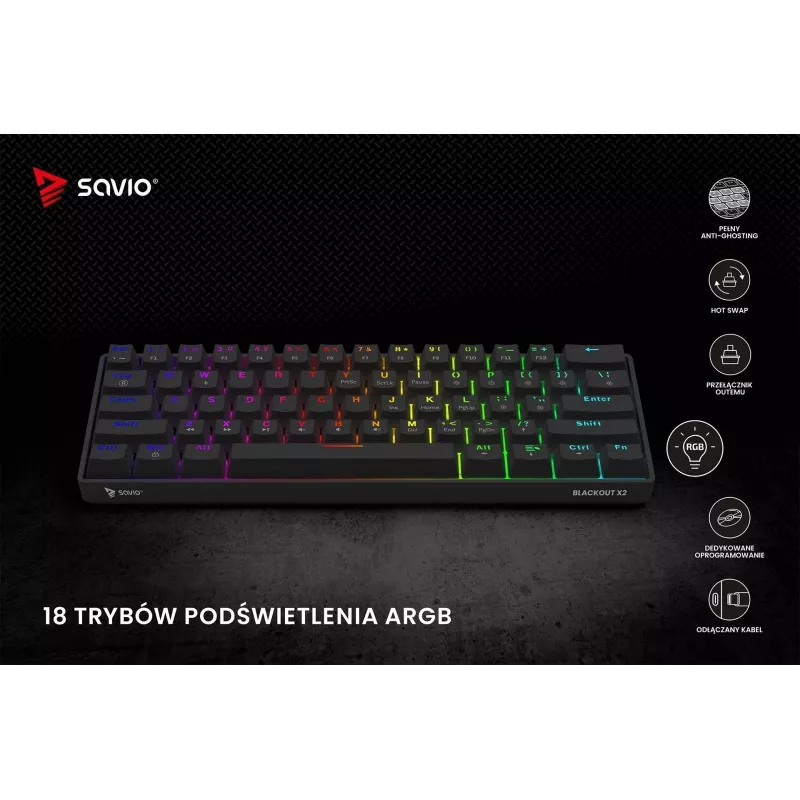 SAVIO BLACKOUT X2 BROWN mekaaninen pelinäppäimistö 61 näppäintä 60 % USB QWERTY RGB Outemu Brown