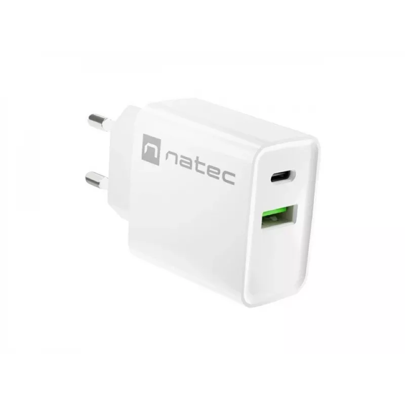 Verkkopikalaturi NATEC RIBERA 12V 20W USB-C PD 3.0 + USB-A Samsung AFC valkoinen