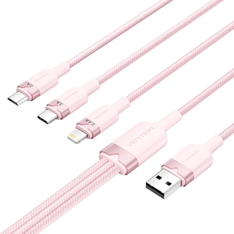 USB 2.0 A – 3in1 3A -kaapeli Vention CTPPG 1,5 m roosa