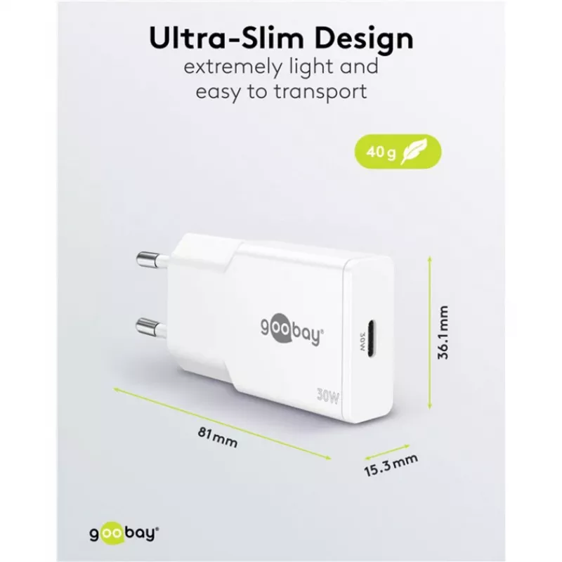 USB-C PD GaN ohut pikalaturi (30 W) (valkoinen)