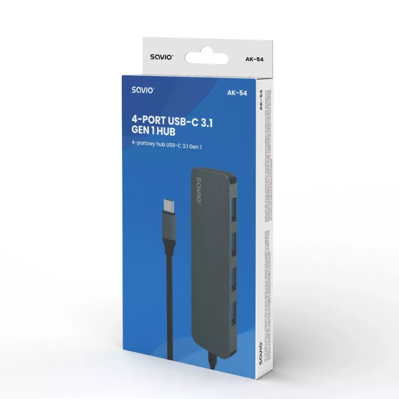 USB-keskitin SAVIO AK-54 — 4 x USB-A (USB 3.2 Gen 1), USB-C-isäntä, musta