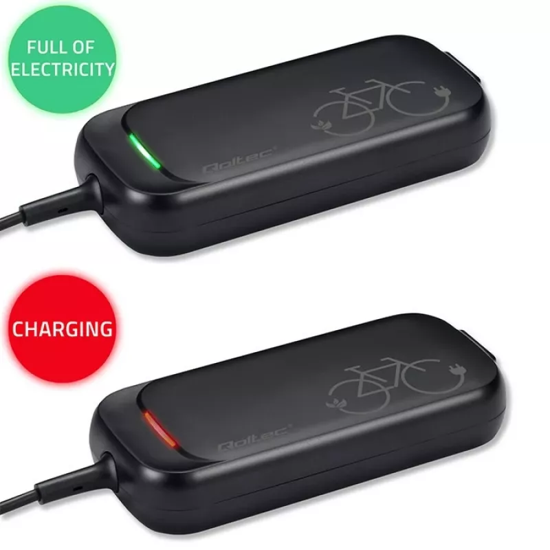 Sähköpyörän laturi QOLTEC 50332 — 36V/42V lähtö, 2A, 5,5×2,1 mm liitin