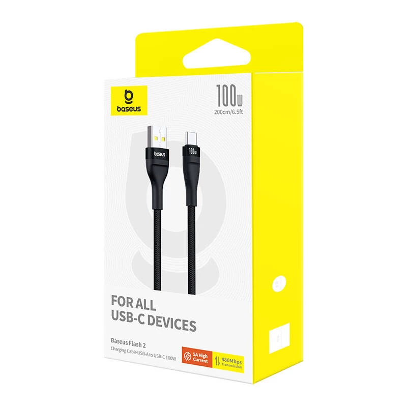 Baseus Flash 2 USB A-USB C pikalatauskaapeli 2 m 100 W musta