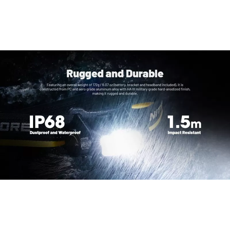 Nitecore HC70 UHE otsalamppu, 1600 lm, 6 LEDiä, IP68, USB-ladattava, alumiini, 172 g, musta