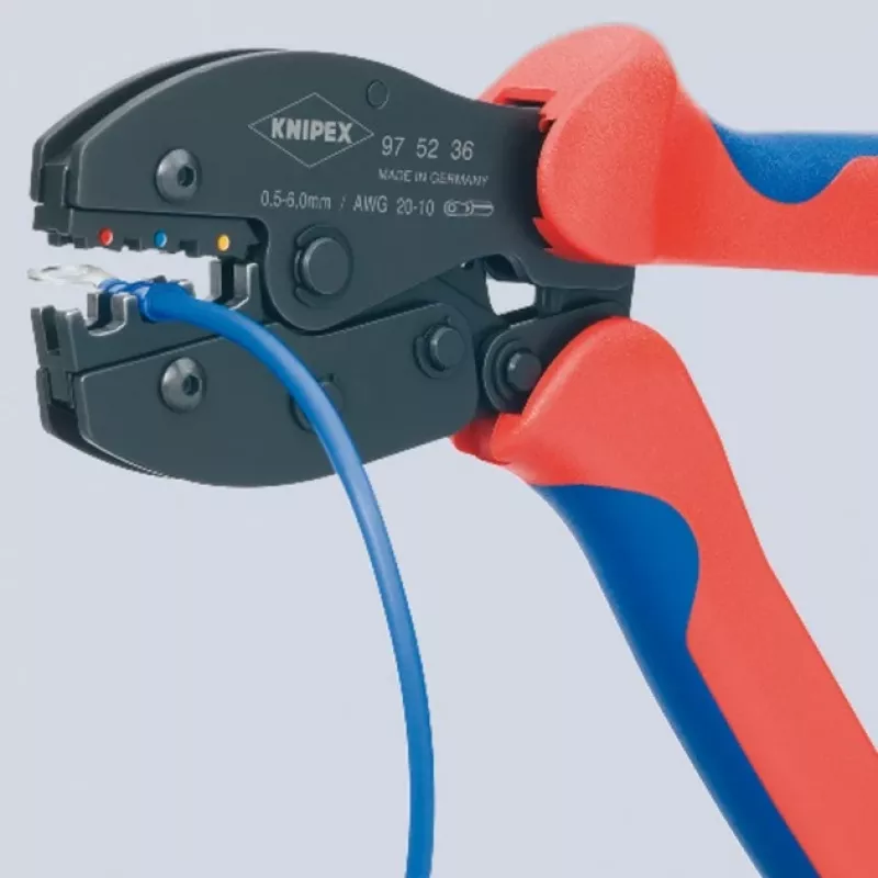 Knipex 97 52 36 PreciForce puristuspihdit 220 mm, 0,5–6,0 mm², 3 puristuspesää, punainen/sininen