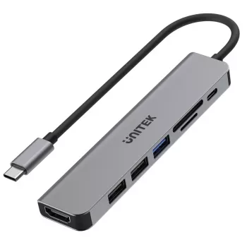 USB-C-keskitin Unitek 7in1 alumiini PD 100W 5 Gbps — moniporttinen sovitin Power Delivery -tuella