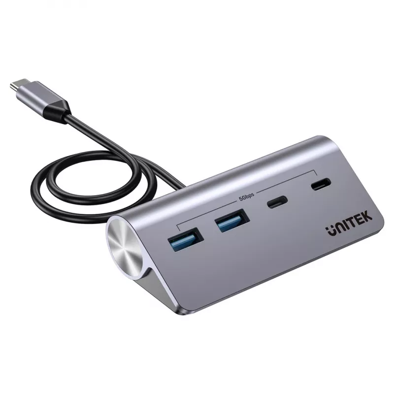 USB-keskitin Unitek H1337AGY01 – 4 porttia (2×USB-C, 2×USB-A), jopa 5 Gbit/s per portti, alumiini, hopea