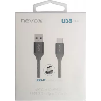 USB 3.2 Gen 1 -kaapeli, USB-A uros > USB-C uros (hopea, 1 metri, punottu)