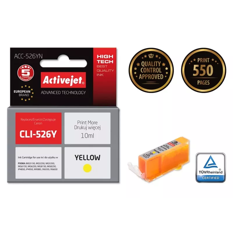 Activejet ACC-526YN mustekasetti (Canon CLI-526Y -yhteensopiva; Supreme; 10 ml; keltainen)