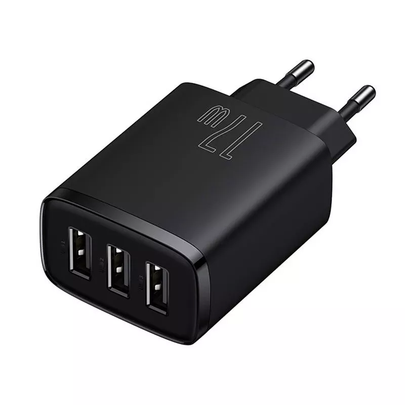 Baseus kompakti pikalaturi, 3x USB, 17 W (musta)