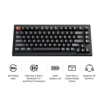 Mekaaninen 75 %:n näppäimistö Keychron V1 Ultra 8K — QWERTY, Bluetooth & kaapeli, RGB, musta