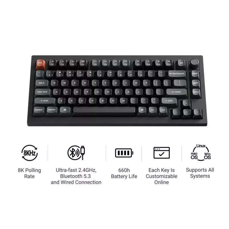 Mekaaninen 75 %:n näppäimistö Keychron V1 Ultra 8K — QWERTY, Bluetooth & kaapeli, RGB, musta
