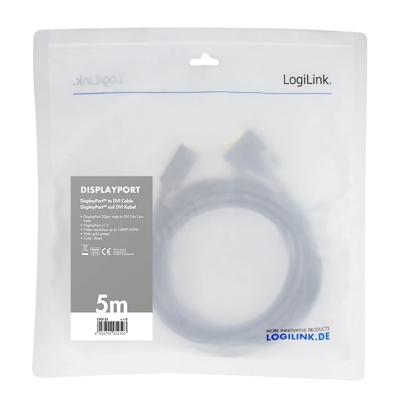 DisplayPort-DVI-kaapeli, musta, 5 m