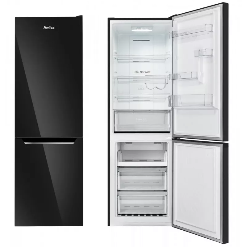 Amica FK3506D.2F(E) jääkaappipakastin, pakastin alhaalla, 226 l jääkaappi + 96 l pakastin, Total No Frost, energialuokka E, musta