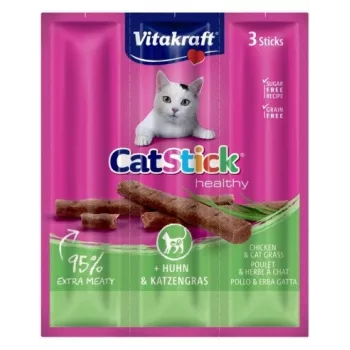Vitakraft CatStick Mini kana ja ruoho - kosteat kissanherkut - 3 kpl, 18 g, lihaisa kananmaku, 28 % kosteus
