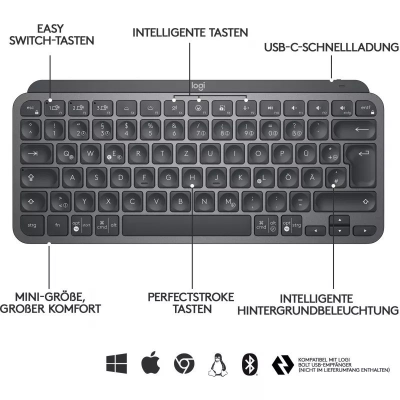 Logitech MX Keys Mini - näppäimistö - taustavalaistu - Bluetooth - QWERTZ - sveitsiläinen layout - graphite (920-010485)