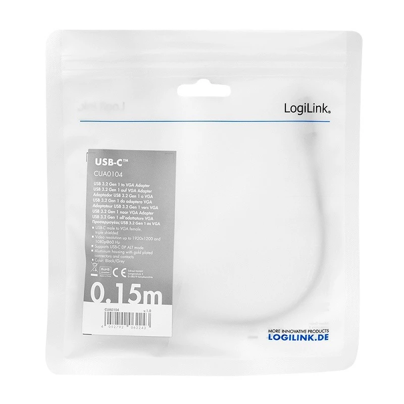 USB Type-C - VGA (D-Sub) -videoadapterikaapeli LOGILINK CUA0104 0,15 m, harmaa/musta