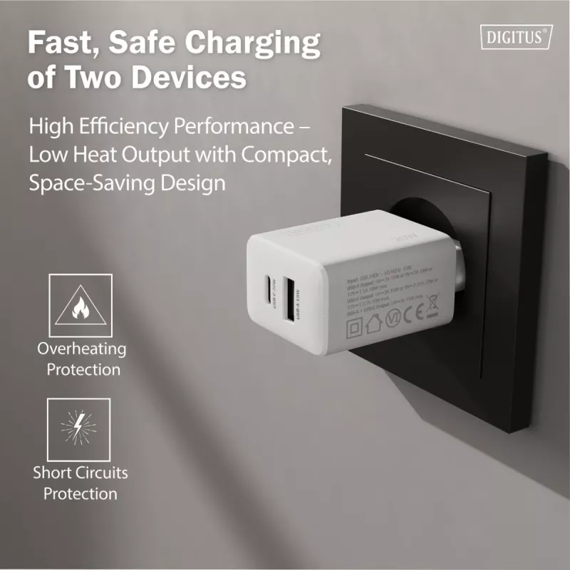 AC USB-laturi DIGITUS 20W, 1x USB-C, 1x USB-A, tulo 100–240V, valkoinen