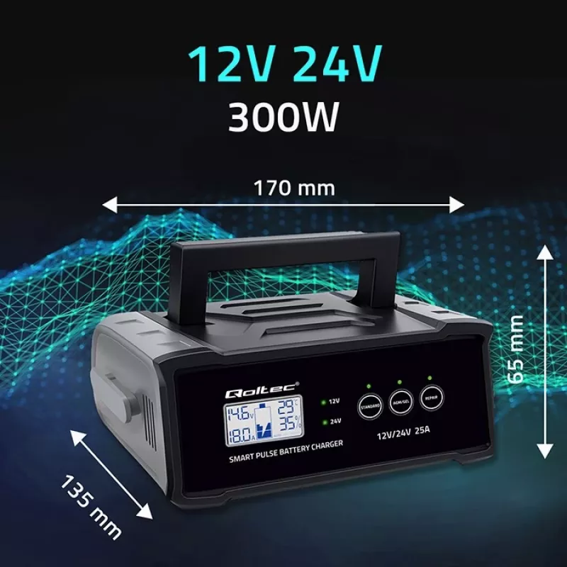 QOLTEC akkulaturi 52514 — 12V/24V, 25A, AGM/GEL/SLA-akuille LCD-näytöllä