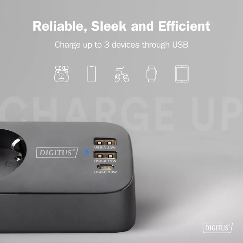 Jatkojohto DIGITUS 3-osainen 2×USB-A & 1×USB-C, 3 AC-pistorasiaa tyyppi E/F, 1,5 m kaapeli, musta