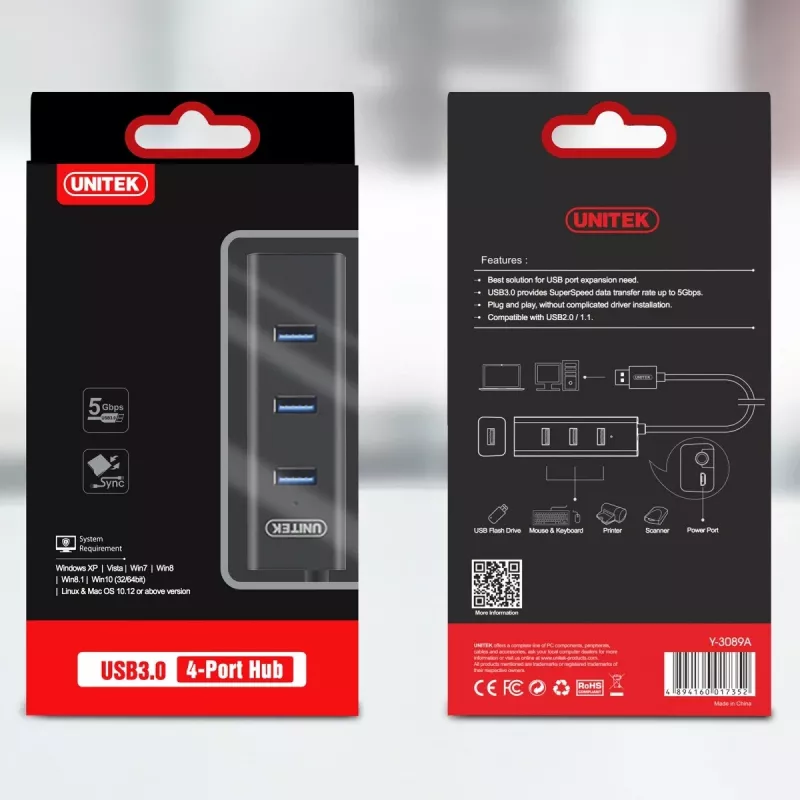 UNITEK Y-3089 USB-keskitin USB 3.2 Gen 1 (3.1 Gen 1) Type-A 5000 Mbit/s musta