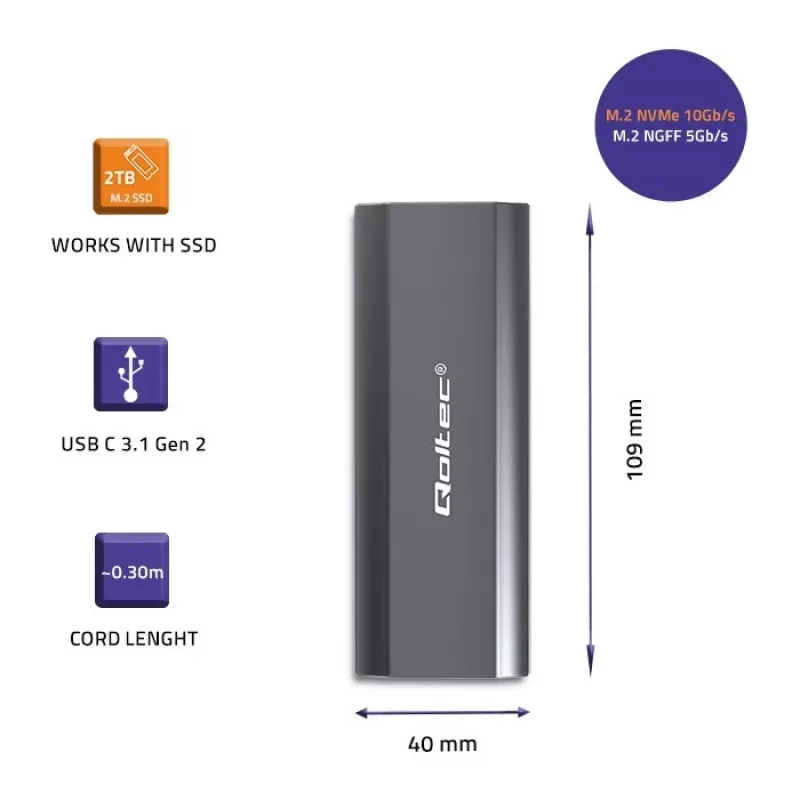 Kotelo | tasku NV2271 M.2 SSD -asemalle | SATA | NVMe | USB-C | 2TB