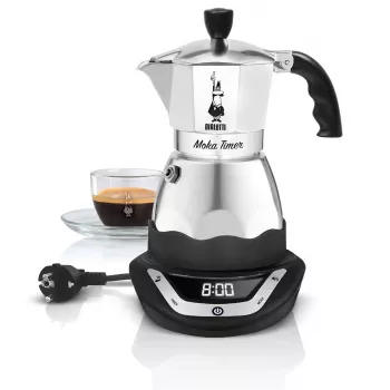 Sähköinen mokkapannu BIALETTI 3 kuppia Moka Timer, ohjelmoitava LED-näyttö, alumiinikotelo, pannusäiliö