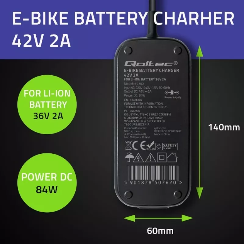 Laturi QOLTEC sähköpyörä Bosch 50762 36V/42V 2A