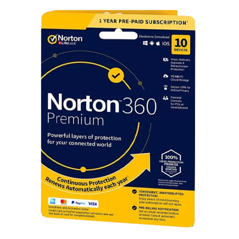Norton 360 Premium | 10 laitetta | 1 vuosi | 75 GB pilvitallennustilaa | EU | NON SUB |