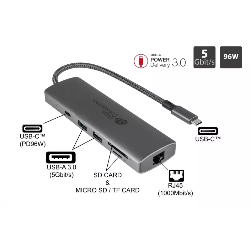 Alcasa HUB-C001A USB-keskitin USB Type-C 5000 Mbit/s antrasiitti