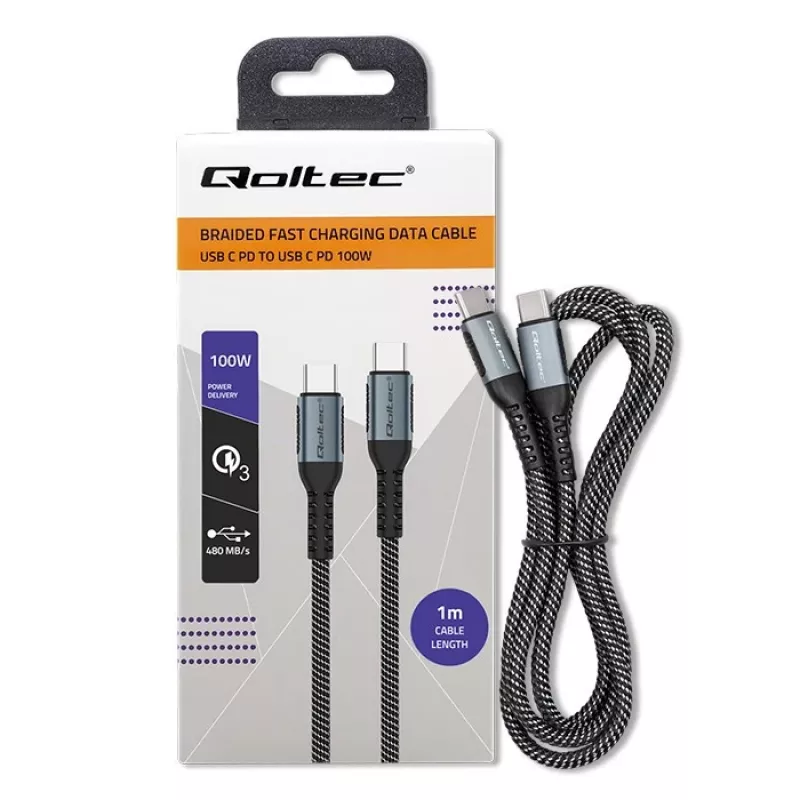 Qoltec kaapeli USB 2.0 Type-C – USB 2.0 Type-C 100W QC 3.0 PD 1 m musta
