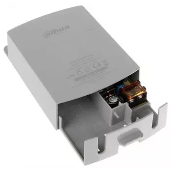 Virtalähde DAHUA PFM300 — kameroille, tulo 180–264 V 50–60 Hz, kompakti 37 × 88 × 138 mm, harmaa