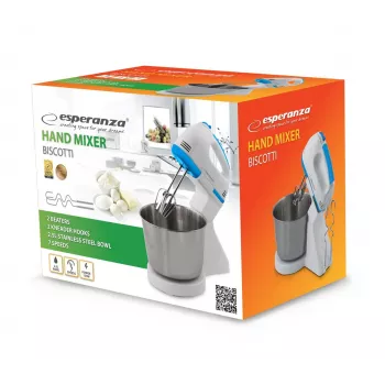 Yleiskone ESPERANZA EKM019WB — 150 W, 2,5 l kulho, 7 nopeutta, taikinakoukku, kaksoisvispilä, valkoinen
