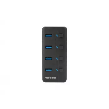 USB-keskitin NATEC MANTIS USB 2.0 Type-B — 4x USB 3.2 Gen 1 Type-A liitäntää, musta, 0,8 m kaapeli, virtalähde, virtakytkin