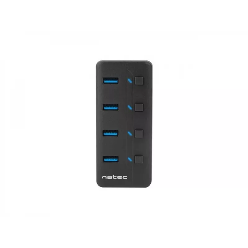 Natec Mantis 2 NHU-1557 4-porttinen USB 3.0 -hubi, USB Type-B -tulo, virtakytkimet, verkkolaite, musta