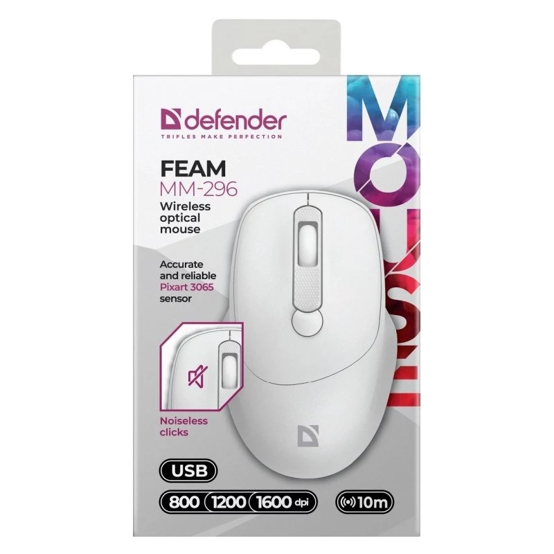 Defender Feam MM-296 52297 langaton hiiri, hiljainen napsautus, optinen, 1600 DPI, USB, valkoinen