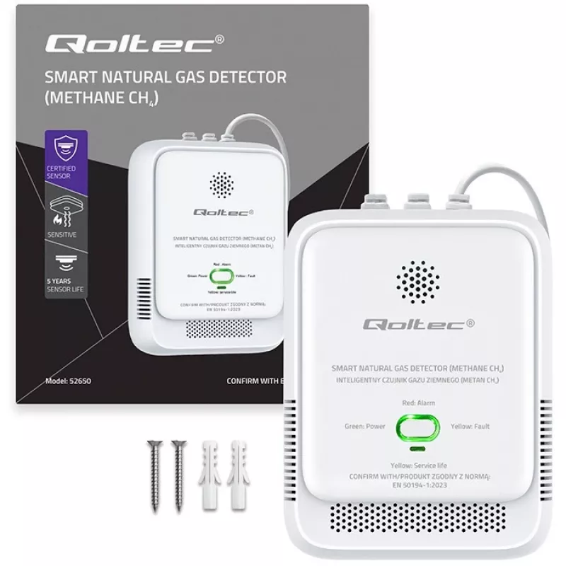 Kaasuvuotoanturi QOLTEC NG 85dB LE – maakaasun (CH4) ilmaisin, äänihälytys 85 dB