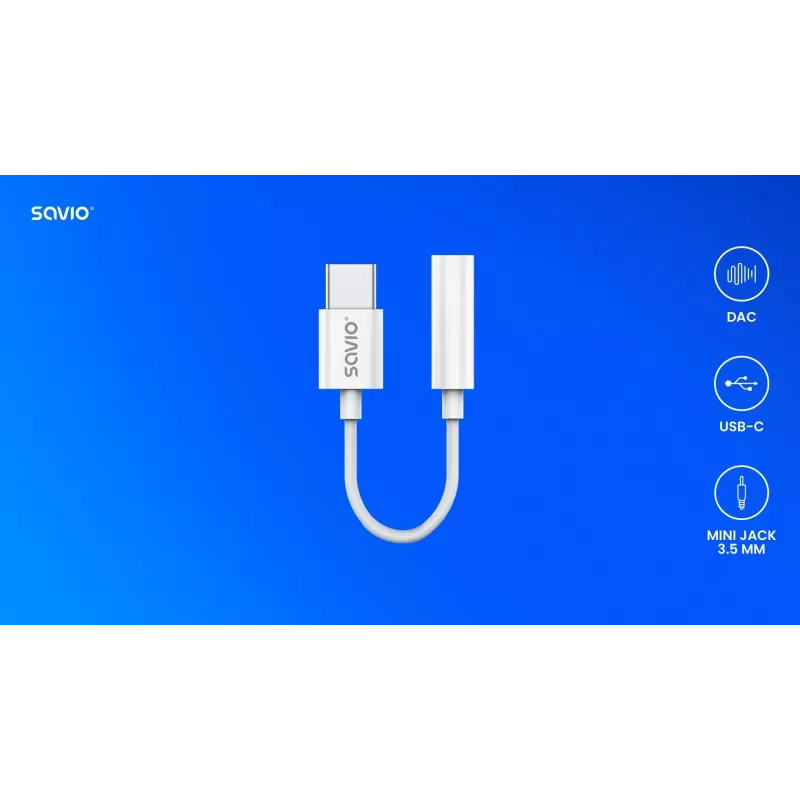 USB Type 3.1 C (M) – 3,5 mm Jack (F) audioadapteri valkoinen SAVIO AK-52