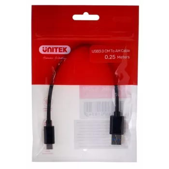 USB-C - USB-A -kaapeli Unitek Y-C490BK 3.1 Gen1 (USB 3.0), 0,25 m, musta, uros-uros