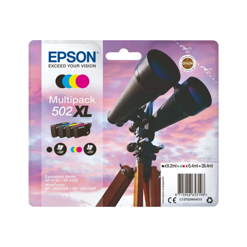 Epson 502XL alkuperäinen mustepakkaus, musta/syaani/magenta/keltainen, 4x (C13T02W94020)
