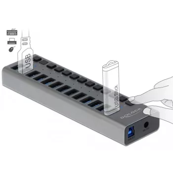 DeLOCK ulkoinen USB 5 Gbit/s -keskitin, jossa 13 porttia + kytkin, USB 3.2 Gen 1 (3.1 Gen 1) Type-B, USB 3.2 Gen 1 (3.1 Gen 1) Type-A, 5000 Mbit/s, harmaa, alumiini, 1 m