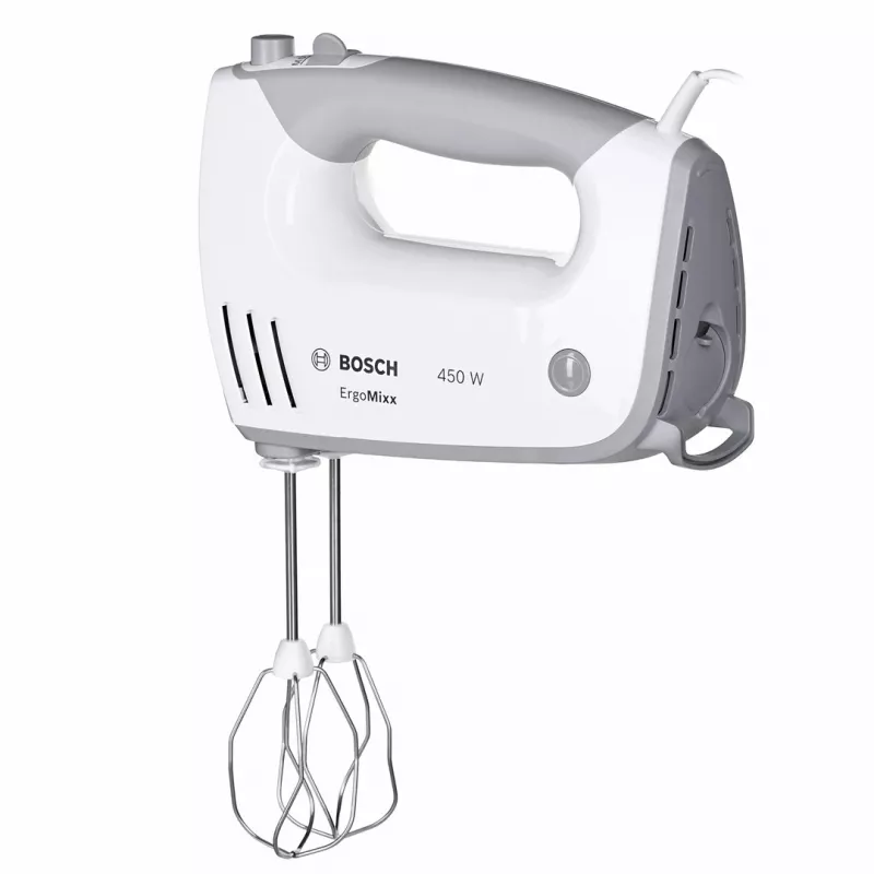 Bosch MFQ36480 -käsivatkain – 450 W, 5 nopeutta turbolla, harmaa/valkoinen, pallovispilä ja taikinakoukut