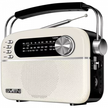 Kaiutin SVEN SRP-505, valkoinen (3W, Bluetooth, FM/AM/SW, USB, microSD, AUX, akku)