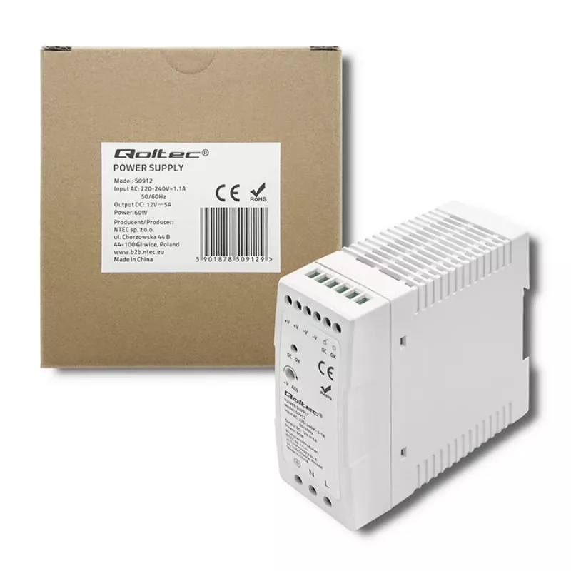 Qoltec DIN-kiskon virtalähde | 60W | 12V | 5A | valkoinen | ohut