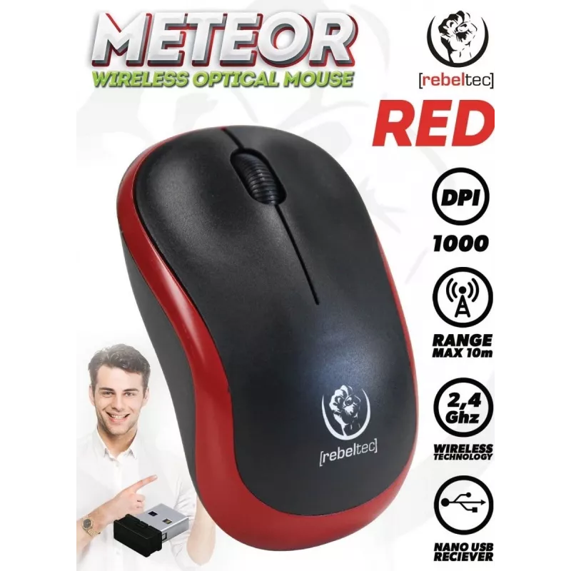 Langaton optinen hiiri Rebeltec METEOR punainen RBLMYS00049 USB