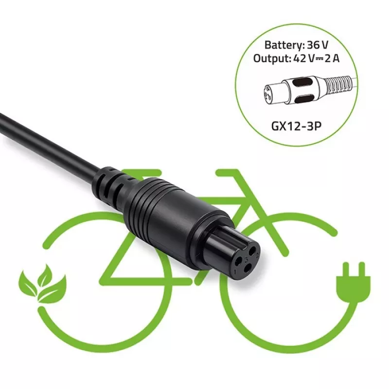 Sähköpyörän laturi QOLTEC 36V–42V 2A GX12 3-pin-liittimellä
